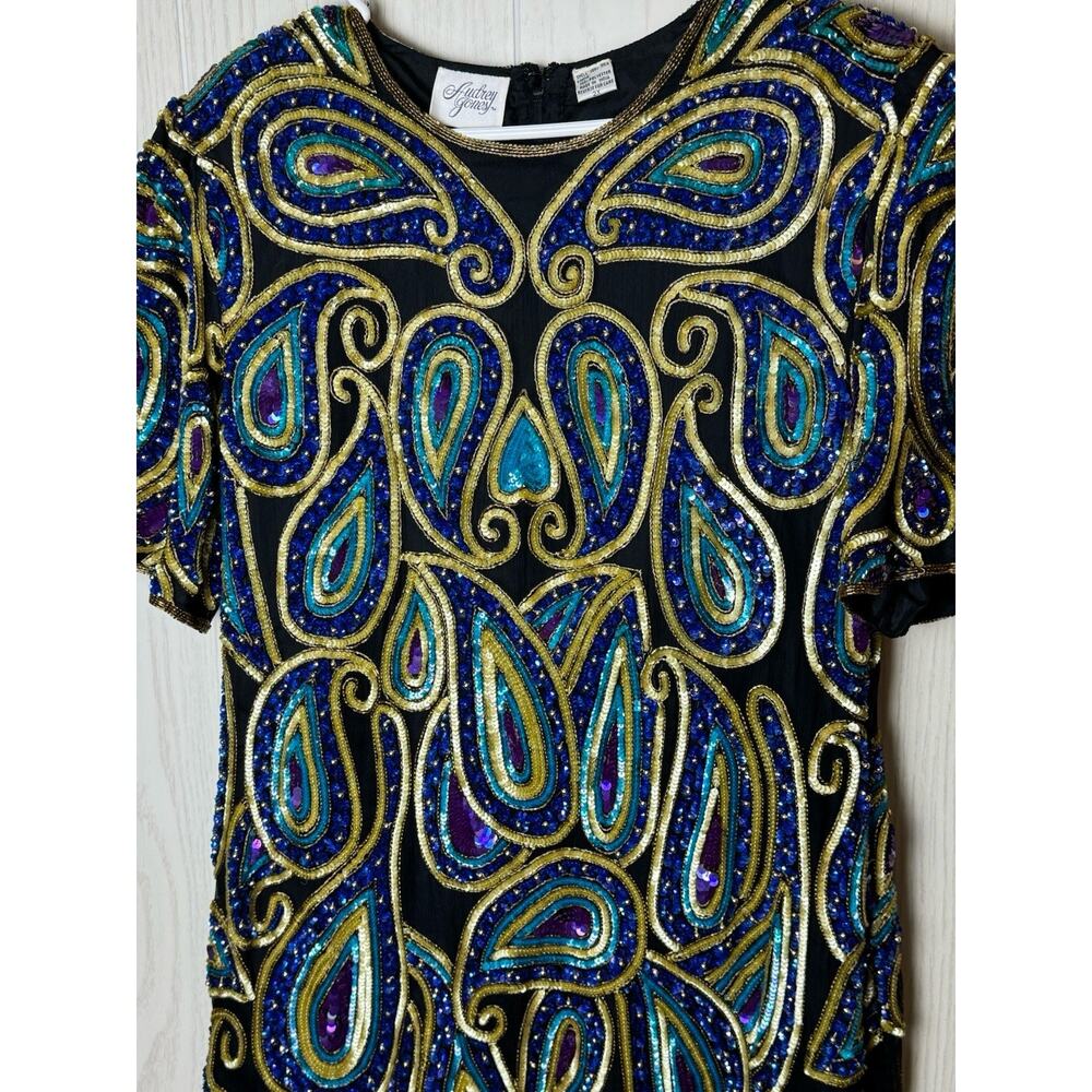 Vintage 80s Silk Beaded Sequin Dress Black Gold Blue Paisley Cocktail Party 2X